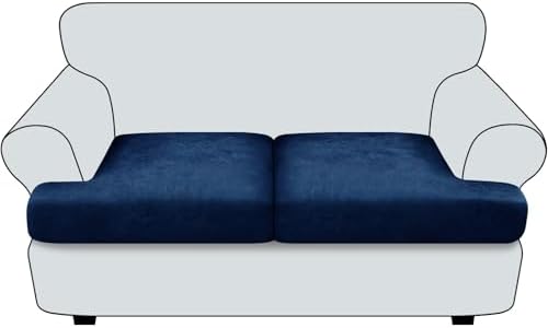 T Cushion Loveseat Sofa Cover Leather-Look 2PC Stretch Sofa Seat Cushion Slipcover Individual Couch Seat Covers with Elastic Bands, Pet-Friendly, Non-Slip, Easy Fit - Navy