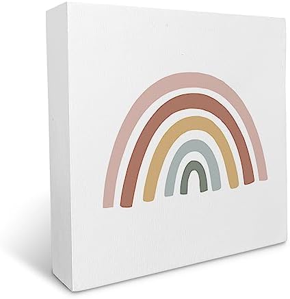 Boho Rainbow Desk Decor, Bohemian Rainbow Wood Box Sign Wood Block Plaque Decor for Home Girls Kids Room Bathroom Nursery Classroom Wall Desk Shelf Decoration