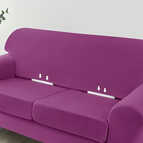 OBCREAT 4 Pieces Sofa Slipcover Stretch Velvet Sofa Covers for 3 Cushion Couch Soft Couch Cover with Elastic Bottom Non Slip Furniture Protector for Pets Kids (Purple, Large)