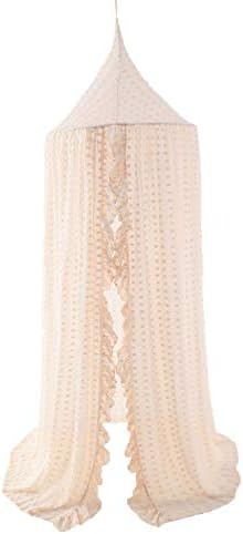 Wonder Space Elegant Kids Bed Canopy - Lace Chiffon Netting with Pom Pom, Princess Girls Fairy Dream Tent, Nursery Room Baby Crib Hanging Curtain Mosquito Net Children Reading Nook Decoration (Beige)