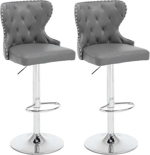 Set of 2 Adjustable Swivel Bar Stools, Faux Leather Upholstered Counter Height Chairs with Nailhead Trim, Silver Footrest, and High Back for Kitchen Island, Home Bar, Dining Room, Cafe Gray