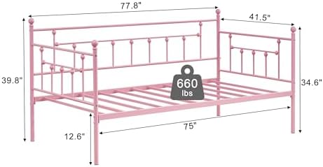 VECELO Twin Size Daybed Frame Metal Steel Slat Support with Headboard Sofa Bed Platform for Living Room, Guest Room, Easy Assembly, Pink