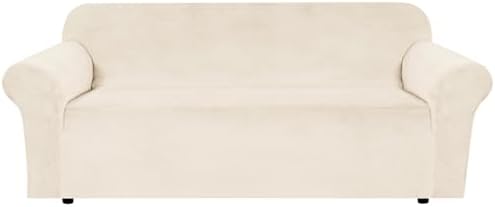 H.VERSAILTEX Stretch Velvet Sofa Covers for 3 Cushion Couch Covers Furniture Protector Soft with Non Slip Elastic Bottom, Crafted from Thick Comfy Rich Velour (Sofa 72"-90", Butter Cream)