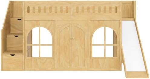 SOFTSEA Twin Size Kids Loft Bed with Slide and Storage Stairs, Natural