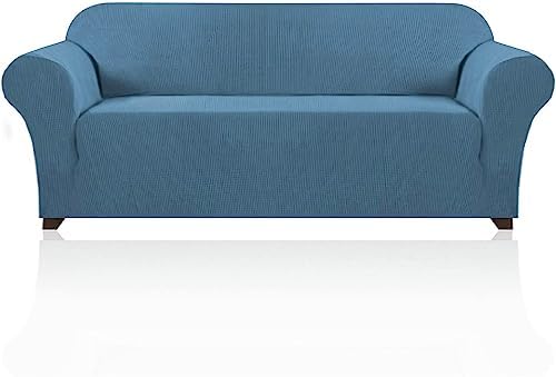 PrinceDeco Stretch Sofa Cover Slipcover Couch Covers for 3 Cushion Couch Furniture Protector Sofa Covers with Non Slip Elastic Bottom Dogs Pet Friendly Fitted (Sofa, Dusty Blue)