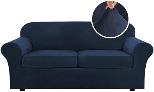 H.VERSAILTEX Real Velvet Plush 3 Piece Stretch Sofa Covers Couch Covers for 2 Cushion Couch Sofa Slipcovers Width Up to 90 Inch Feature Thick Soft Stay in Place (Large Sofa, Navy)