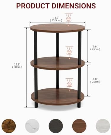 XBurmo Small Round End Table - 3 Tier Design Accent Table, Narrow Side or Bedside Stand, Industrial Vintage Nightstand for Bedroom, Living Room, or Small Spaces, Set of 2, Rustic Walnut