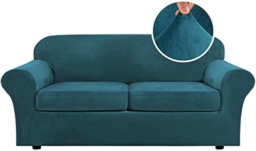 H.VERSAILTEX Real Velvet Plush 3 Piece Stretch Sofa Covers Couch Covers for 2 Cushion Couch Sofa Slipcovers Width Up to 90 Inch Feature Thick Soft Stay in Place (Large Sofa, Deep Teal)