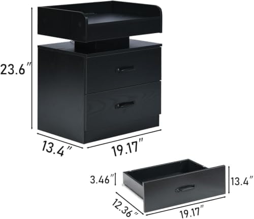 4ever2buy Black Nightstand Set of 2 with Charging Station and LED Lights