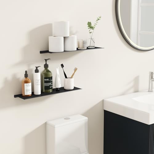 MKO 16" Floating Shelves for Wall, Long Metal Wall Mounted Shelf for Bathroom, Bedroom, Living Room, Kitchen, Display Hanging Shelves for Books/Storage/Room Decor 2 Packs, Black
