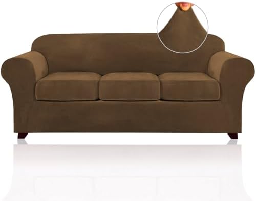 PrinceDeco Velvet Couch Covers for Sofa Soft 4 Pieces Couch Covers for 3 Cushion Couch Sofa Pet Friendly Furniture Protector with Non Slip Elastic Bottom Width Up to 97 Inch(Large Sofas,Bronze Brown)