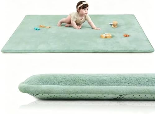 Huloo Sleep Baby Play Mat for Floor,1.3" Thick Memory Foam Tummy Time Mat,Soft Coral Velvet Nursery Rug,Extra Large Non Slip Crawling Mats for Living Room(Sage Green)