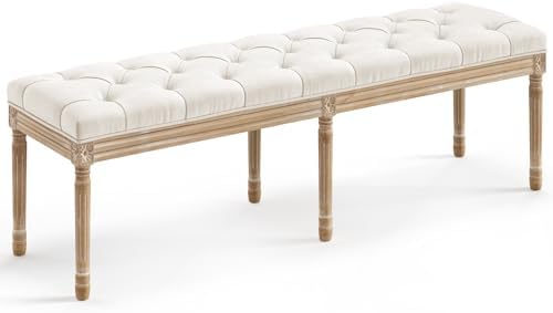 LUE BONA 60" Fabric End of Bed Bench, Upholstered Tufted French Bedroom Bench with Carved Legs for Bedroom End of King Size Bed, Living Room, Beige