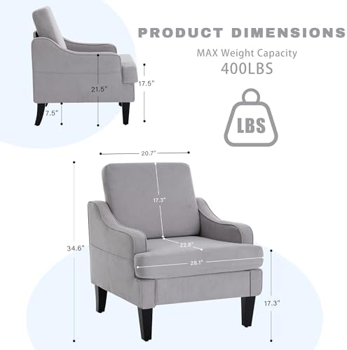 Set of 2 Accent Chair for Living Room,Mid-Century Arm Chair Fabric Living Room Chairs,Upholstered Reading Chair for Bedroom,Single Sofa Chair with Wood Legs for Apartment (Grey)