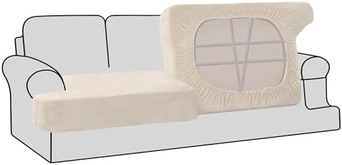 H.VERSAILTEX Stretch Velvet 2 Piece T Cushion Sofa Slipcovers for Living Room Individually Sofa Covers for 2 Cushion Seat Cushion Covers Stay with Elastic Bands (Sofa, Butter Cream)