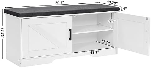 HOMSHO Farmhouse Shoe Storage Bench with 2 Barn Doors & Padded Seat Cushion