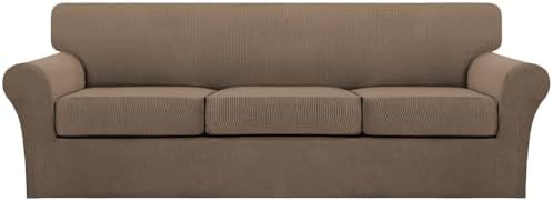 Turquoize 4 Piece Sofa Covers for 3 Cushion Couch Sofa Slipcover Soft Couch Cover for Dogs Washable Furniture Cover with 3 Individual Large Cushion Covers Feature Fabric (Large Sofa, Macchiato)