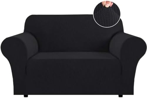 Flamingo P High Stretch Sofa Slipcover Non Slip Loveseat Covers for 2 Cushion Couch Washable Pet Furniture Protector Covers with Elastic Bottom, Thick Jacquard Fabric (Medium, Black)