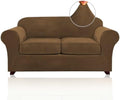 PrinceDeco Velvet Couch Cover Loveseat Covers for 2 Cushion Couch 3 Piece Sofa Covers for Dogs Washable Loveseat Covers Width Up to 72 Inch No Slip Stretch Sofa Slipcover(Medium, Bronze Brown)