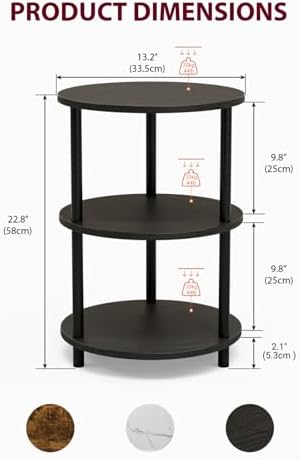 XBurmo Small Round End Table - 3 Tier Design Accent Table, Narrow Side or Bedside Stand, Industrial Vintage Nightstand for Bedroom, Living Room, or Small Spaces, Set of 2, Charcoal Wenge
