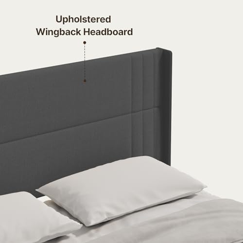 Gizoon King Bed Frame with Wingback Headboard, Upholstered Platform Bed
