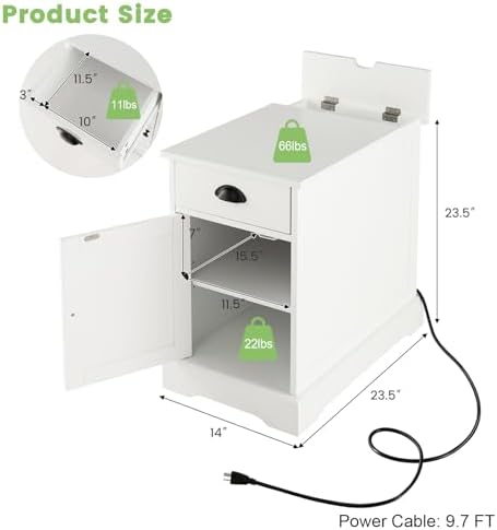 GIANTEX Nightstand with Charging Station Set of 2, Flip Top End Table w/USB Ports & Outlets, Side Table w/Storage Drawer, Magazine Rack, Adjustable Shelf, Narrow Bedside Tables for Small Space, White