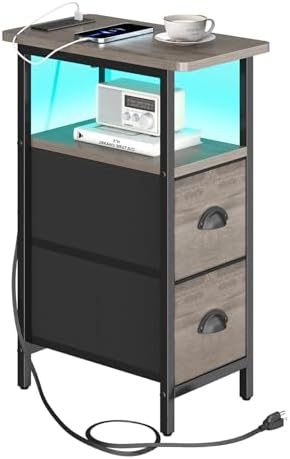 sthmec Narrow End Table with Charging Station, Narrow Side Table with 2 Fabric Drawers, LED End Table, Slim Nightstand with LED Light, Small Side Table for Small Spaces, Living Room, Bedroom, Grey