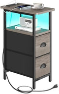 sthmec Narrow End Table with Charging Station, Narrow Side Table with 2 Fabric Drawers, LED End Table, Slim Nightstand with LED Light, Small Side Table for Small Spaces, Living Room, Bedroom, Grey