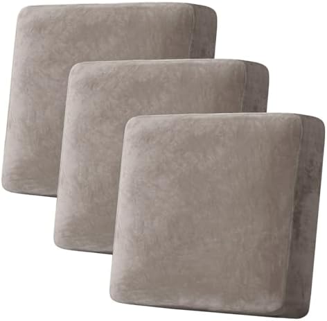 H.VERSAILTEX Velvet Stretch Couch Cushion Cover Plush Cushion Slipcover for Chair Loveseat Sofa Cushion Furniture Protector Seat Cushion Sofa Cover (3 Piece XL Sofa Cushion Covers, Taupe)