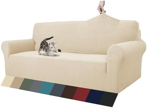 ZNSAYOTX 1 Piece Jacquard Couch Covers for 3 Cushion Couch High Stretch Sofa Cover for Pets Dogs Anti Slip Extra Large Sofa Slipcovers Furniture Protector (XL Sofa, Light Beige)