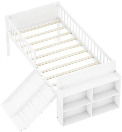 SOFTSEA Twin Size Low Loft Bed with Slide and Guardrails, Wood Loft Bed Frame with Storage Shelves for Kids, White
