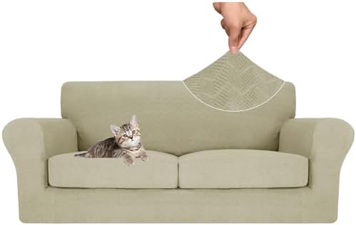 MAXIJIN 3 Piece Couch Covers for 2 Cushion Couch Sofa Cover, Stretch Loveseat Sofa Slipcovers for Sofas with 2 Large Cushions, Thick Dogs Pet Furniture Covers (71"-91", Khaki)