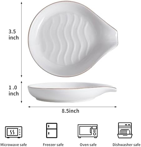 Ceramic Spoon Rest for Stove Top, 5 inch Gold Trim Spoon Holder for Kitchen Counter, Farmhouse Cooking Utensil Holder for Spoons, Ladles, Spatula, Glazed White