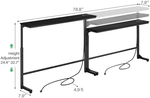 Kitstorack Narrow Sofa Table with Charging Station, 78.8" Behind Couch Table, Adjustable 24.4"-32.7" Height, Modular 2-piece Design for sectionals, entryways, Apartments, and Narrow Living Spaces