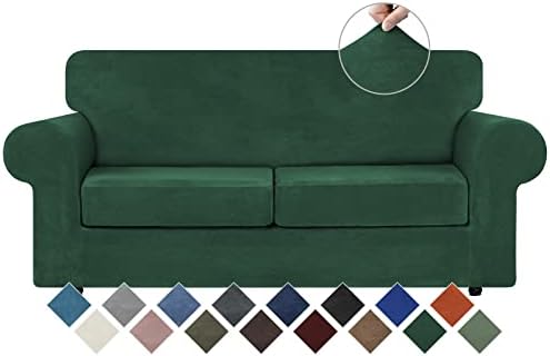 WEERRW Velvet Stretch 3 Pieces Couch Cover for Sofa Washable, Emerald Green