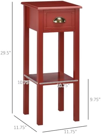 HOMCOM Narrow End Table with Drawer and Bottom Shelf Set of 1 Red