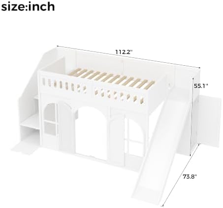 LUMISOL Twin Size Wood Loft Bed with Slide and Storage Staircase, Solid Wood Playhouse Loft Bed with Wardrobe and Window, White
