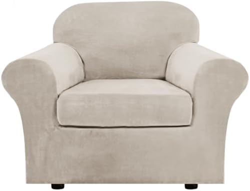 H.VERSAILTEX Rich Velvet Stretch 2 Piece Cover Chair Slipcover Sofa Cover Furniture Protector Couch Soft with Elastic Bottom Chair Couch Cover Width Up to 49 Inch (Chair, French Oak)