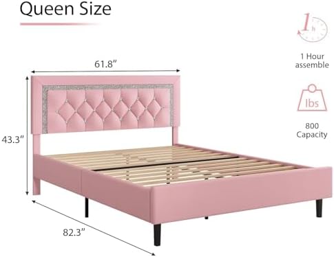 BarnFurin Queen Bed Frame with Tufted Button Headboard, Pink