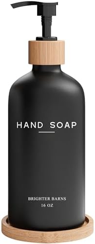 Black Glass Hand Soap Dispenser Bathroom Set by Brighter Barns - Bathroom Soap Dispenser Set with Tray - Glass Pump Bottle - Luxury Bathroom Accessories for Hotel, Vacation Rental, Restaurants (Black)
