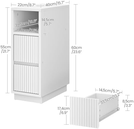 CHOEZON 8.7" Narrow Fluted Nightstand, Small Bedside Table with Drawers, Skinny Side Table, Modern Nightstand with 1 Semi-Open Shelf, Floating End Table, for Living Room, Bedroom, White MBZ12WB