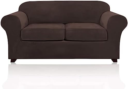 PrinceDeco Velvet Couch Cover Loveseat Covers for 2 Cushion Couch 3 Piece Sofa Covers for Dogs Washable Loveseat Covers Width Up to 72 Inch No Slip Stretch Sofa Slipcover (Medium, Brown)