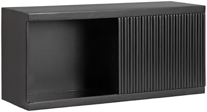Kate and Laurel Furrow Modern Wooden Sliding Ribbed Door Wall Cabinet; 30 x 10 x 14; Black; Decorative Storage Cabinet with Sliding Door for Use as Floating Nightstand or Floating TV Shelf