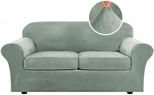 H.VERSAILTEX Real Velvet Plush 3 Piece Stretch Sofa Covers Couch Covers for 2 Cushion Couch Sofa Slipcovers Width Up to 90 Inch Thick Soft Stay in Place (Large Sofa, Sea Grass)