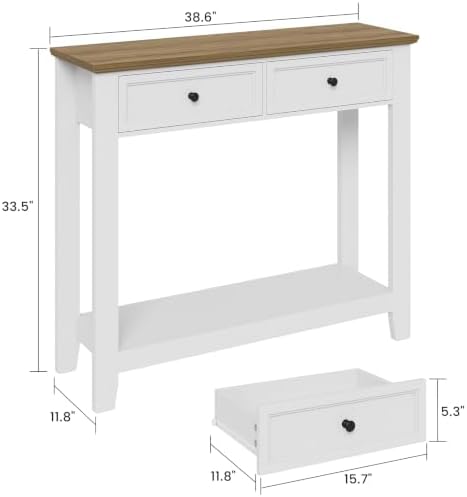 38.6" W Narrow Console Table with 2 Drawers, White