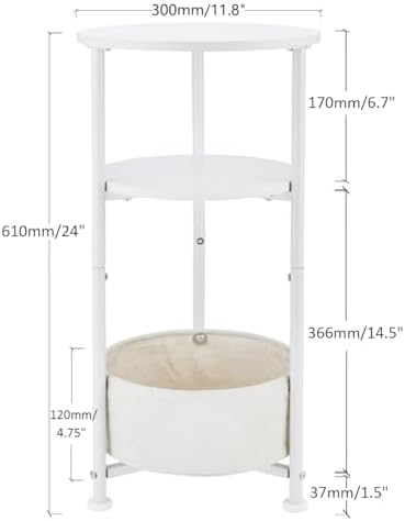 3-Tier Small Round Side Table with Storage Basket, White