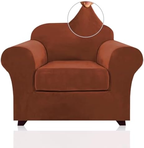 PrinceDeco Velvet Plush Couch Cover Stretch 2 Piece Chair Cover Chair Slipcover Washable Furniture Protector Couch Soft with Elastic Bottom Armchair Cover Width Up to 49 Inch(Small, Rust)