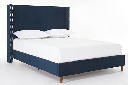 Queen Upholstered Bed Frame with 54" Wingback Tall Headboard Blue
