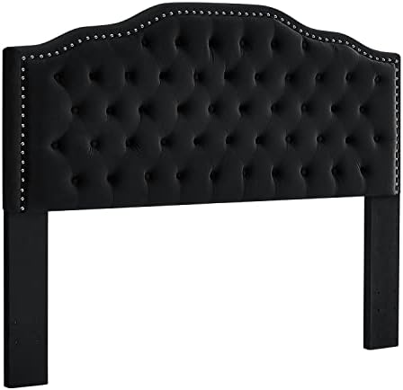24KF Upholstered Button Tufted Queen Size Full Size Headboard with Nailhead Trim, Soft Velvet Fabric Headboard Queen/Full Size Headboad-Black