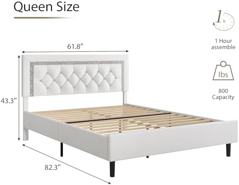 BarnFurin Queen Bed Frame with Diamond Tufted Headboard,White